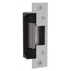 This HES electric strike is designed for use with cylindrical or mortise locksets in access control systems. Constructed of stainless steel, it operates on 12/24V AC/DC input and releases the latch when energized for remote or keypad entry.