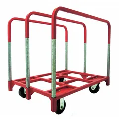 This single-height vertical panel truck is designed for transporting and storing large, flat materials such as plywood, drywall, and metal panels. It features a 38 1/2 in L x 27 1/2 in W x 34 in H deck with an 8 in deck height and an open configuration. The truck is equipped with nonmarring adjustable rails to secure loads without damage and (4) swivel casters with brake for mobility and stability.