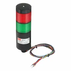 Two-tier tower light assembly providing visual status indication for industrial machinery and equipment. Green and red light tiers signal operating conditions such as run, idle, or fault. Operates on 90 to 240V AC. Overall height 6 11/16 in. No sounder tier included.