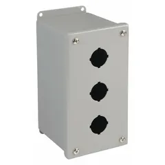 The WIEGMANN PBXD3 is a NEMA 4-rated enclosure for 30mm operators, constructed from carbon steel with three holes. It provides protection against washdown and corrosion in industrial environments.
