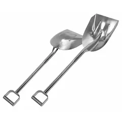 This hygienic shovel features a stainless steel scoop with a 14 in blade length and 10 1/2 in blade width. The silver stainless steel construction resists corrosion and is suitable for moving bulk materials in sanitary environments such as food processing or pharmaceutical facilities.
