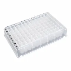 96-well deep well plate made of colorless polypropylene with square wells. Each well has a diameter of 8.2 mm and a 1 mL capacity. The plate is RNase/DNase free, suitable for high-throughput sample storage, processing, and assay workflows in molecular biology and diagnostic laboratories.