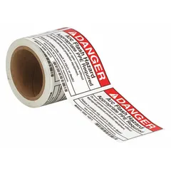Polyester adhesive sign with arc flash hazard warning text referencing NFPA 70E PPE requirements. Nominal size 3-1/2 x 5 in, 0.01 in thick, non-retroreflective, non-glow-in-the-dark. Sold in a 100-pack. Applied to electrical panels and equipment to warn personnel of arc flash hazards.