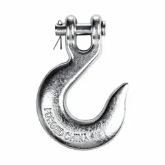 Carbon steel slip-hook with a hook grade of 43 and material thickness of 1 in. Used in lifting and rigging applications to attach to chains or cables for securing loads during hoisting.