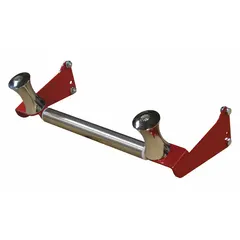 This 3-way bottom roller guide assembly routes and protects hose on 30000 series reels with a 12-inch reel width. It features a stainless steel roller to reduce friction and wear, and a red steel bracket for mounting. Suitable for industrial hose management applications where hose routing and protection are required.