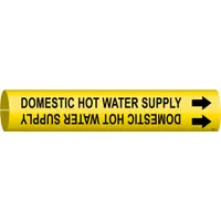 Pipe Marker: Domestic Hot Water Supply, Yellow, Black, Fits 3/4 to 1 3/8 in Pipe O.D., With Arrows (MPN 4053-A)