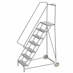 Assembled aluminum tilt-&-roll ladder with a 5.8 ft platform height and 350 lb maximum load capacity. Features double handrails and a gray finish. Designed for stable elevated access in industrial maintenance, material handling, and assembly tasks.