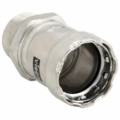 Stainless steel press fitting for potable water systems. Features a press-fit connection on one end and male NPT threads on the other, with an FKM seal. Used to transition from press-fit piping to threaded connections in commercial and industrial plumbing.