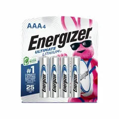This 4-pack of ENERGIZER Ultimate Lithium AAA batteries delivers 1.5V DC in a high-performance lithium chemistry. Suitable for powering portable electronics, flashlights, and other battery-operated devices requiring consistent energy output.