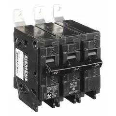 Three-pole miniature circuit breaker rated 50 A at 240V AC, standard type from the BL Series. Designed for bolt-on mounting in Siemens P1 panelboards. Provides overcurrent protection with a maximum AIR rating of 22kA at 240V AC.