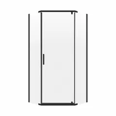 This frameless neo-angle shower door is designed for corner shower installations. It features a fixed panel width of 23-3/4 inches and a maximum door width of 25-1/2 inches, with an overall height of 74 inches. The door frame is finished in matte black.
