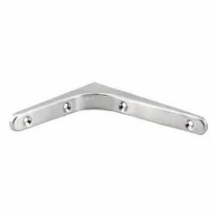 18-8 stainless steel shelf bracket with satin finish. Measures 3 15/16 in length, 4 23/32 in height, 19/32 in width. Capacity 44 lb. Suitable for standard duty shelving applications.