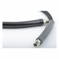 This hydraulic hose assembly consists of a 20 ft long rubber hose with a 3/8 in inner diameter and NPTF male fittings on both ends. The black hose and fittings are suited for connecting hydraulic components in fluid power systems, transferring pressurized oil or other hydraulic fluids