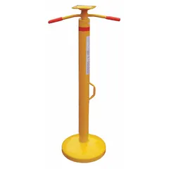 Round, yellow trailer-stabilizing jack with spin-top operation. Minimum lift height of 44 inches and maximum lifting capacity of 5,000 lb. Used for stabilizing trailers during loading, unloading, or parking to prevent tipping and movement.