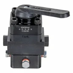 The ENERPAC VC4L is a lever-operated directional control valve with three positions and 3/8 in NPT ports. It is used in hydraulic systems to manually direct fluid flow and provide load-holding capability. Typical applications include industrial machinery, construction equipment, and maintenance tools where manual control of hydraulic circuits is required.
