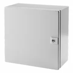 Steel enclosure with a solid hinged cover and 1/4-turn latch closure. Measures 11 x 11 x 6 inches. Rated NEMA 1/12/3R/4 for indoor or outdoor use where protection from dust, falling dirt, rain, and hose-directed water is required. No knockouts included.