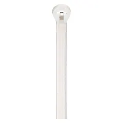 Standard-duty cable tie for bundling and securing wires and cables in indoor industrial, commercial, and electrical installations. Features a fine adjustment design for precise tightening around bundles up to 1-3/4 inches in diameter. Natural color, 0.18 inch width, 100 pieces per pack. Not rated for outdoor use.