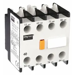 Front-mounted auxiliary contact block with 4 normally open (4NO) poles, rated for 2.5 A maximum AC current. Used to add extra switching circuits to industrial contactors and relays for status feedback or interlocking in motor control centers, conveyor systems, and HVAC equipment.