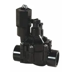 Plastic inline sprinkler valve with 1" female pipe thread connections. Includes flow control for adjusting water output. Maximum working pressure 150 psi. Dimensions: 5 in height, 4.75 in width. Used in irrigation systems for on/off control and flow regulation.