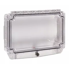 This clear polycarbonate guard is designed for outdoor use with dual action pull stations. It protects against vandalism and accidental damage while allowing visual inspection. Surface mount with included hardware, water resistant, overall depth 4 3/4 in.