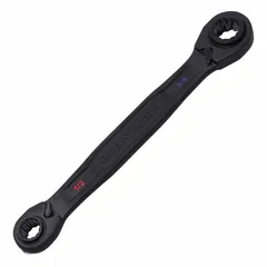 Steel wrench with black phosphate finish. Double-end, 12-point, ratcheting box end design. Head sizes: 1/2 in, 3/4 in, 5/8 in, 9/16 in. Used for tightening and loosening fasteners in confined spaces.