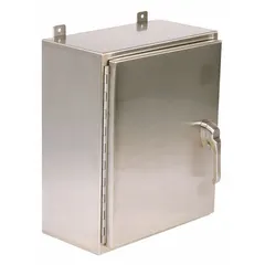 This 304 stainless steel enclosure measures 24 x 20 x 8 inches and features a solid hinged cover with padlock hasp closure. Rated NEMA 12/3R/4/4X, it is suitable for indoor or outdoor use where protection against rain, washdown, and corrosive environments is required. Knockouts are not included.
