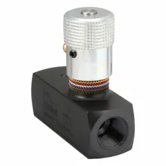 Steel hydraulic flow control valve with 3/8 in NPT ports, manually adjusted via rotary knob. Used for regulating fluid flow in hydraulic systems such as machine tools and material handling equipment.