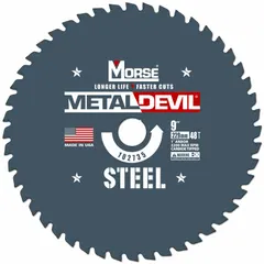 This MORSE circular saw blade is designed for cutting steel and general metals. It features a 9-inch diameter, 48 carbide teeth, a 0.07-inch cut width, and a 1-inch arbor size. Suitable for use in metal fabrication and structural steel work.