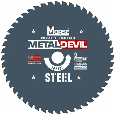 MORSE Circular Saw Blade: 9 in Blade Dia., 48 Teeth, 0.07 in Cut Wd, 1 in Arbor Size - Steel & General Metal-Cutting Blades
