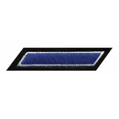 This embroidered insignia is a sew-on rank stripe measuring 2 inches by 3/8 inch. It features a black hashmark design on a felt/plastic base. Commonly used on military, law enforcement, or uniform apparel to denote service stripes or rank.