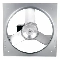 This direct-drive panel exhaust fan features a 20-inch blade driven by a 3/4 hp motor delivering 4,855 cfm. It operates on 115/230V AC single-phase power with a single speed. The motor is totally enclosed air-over with Class B insulation, and the frame is galvanized steel with stamped construction. Supplied assembled without intake guards, it is suited for general ventilation in industrial and commercial facilities to remove heat, fumes, or odors.
