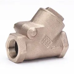 Bronze Y-style swing check valve with 1 1/4 in pipe size, FNPT x FNPT NPT connections. Prevents backflow in piping systems for water, oil, and gas applications. Suitable for horizontal or vertical upward flow installations.