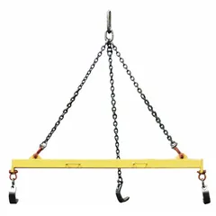 This CALDWELL plate lifter is constructed from steel with an adjustable design to accommodate various plate widths. It has a working load limit of 20,000 lb and an overall length of 84 in. Used for lifting and transporting steel plates in industrial settings such as fabrication shops, shipyards, and construction sites.