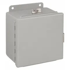 Steel enclosure measuring 12 x 12 x 6 inches with a solid hinged cover and clamp closure. Rated NEMA 12/13/4 for protection against dust, falling dirt, dripping non-corrosive liquids, and hose-directed water. Knockouts are not included. Suitable for housing electrical controls, terminals, and instruments in industrial environments.