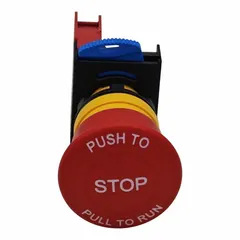 This mushroom-head push button features a non-metallic actuator and a maintained action, requiring manual reset after actuation. It is designed for 22 mm panel mounting with a 1NC contact configuration. Typical applications include emergency stop circuits in industrial machinery and control panels.