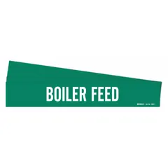 Green pipe marker with white legend reading 'Boiler Feed' for identifying boiler feed piping. Fits pipe outer diameters from 2-1/2 to 7-7/8 inches. Includes 5 adhesive-backed markers without arrows.