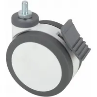 This swivel twin-wheel caster features a 4 15/16 in diameter polyurethane tread and 3 1/4 in wheel width. It has a M12x1.75 metric threaded stem and a total lock brake. Suitable for medical equipment such as hospital beds, stretchers, and diagnostic carts, it provides quiet, floor-protective mobility and secure braking