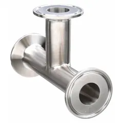 This 316L stainless steel sanitary tee fitting has a 2 in OD x 2 in OD x 2 in OD configuration with clamp connections. Manufactured to ASME BPE standards, it is used in hygienic process piping systems to split or combine flow in three directions.