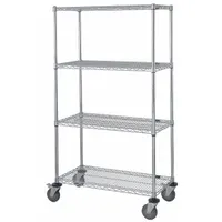 This mobile wire shelving unit is constructed of stainless steel with a silver finish, suitable for wet environments. It includes four shelves and four swivel casters with polyurethane treads for mobility. Typical applications include storage in food processing, pharmaceutical, or industrial facilities where corrosion resistance is required