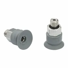 Flat type vacuum pad assembly for handling small, delicate components in pick-and-place operations. Pad made of NBR (nitrile rubber) with 55 A durometer, gray color, 13.2 mm diameter, and 13.6 mm height.