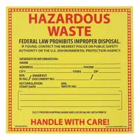 Paper label with yellow background, measuring 6 x 6 inches, sold in packs of 100. Message states: 'Federal Laws Prohibit Improper Disposal If Found, Contact The Nearest Police or Public Safety Authority or The U.S. Environmental Protection Agency.' Includes generator information fields. Used for marking waste containers to indicate regulated disposal requirements