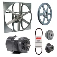 Unassembled belt-drive panel exhaust fan with a 30-inch blade, 3/4 hp motor, and 10,798 cfm airflow. Operates on 208-230/460V AC, three-phase power with a single-speed, totally enclosed fan-cooled motor (Class B insulation). Features a zinc-plated steel frame and cast construction. Suitable for high-volume air movement in large spaces such as factories and warehouses.