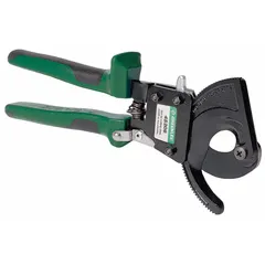 This ratcheting cable cutter features a center-cut design and a steel handle. It is intended for cutting aluminum electric cable up to 600 kcmil maximum diameter. The ratcheting mechanism enables clean, one-handed cuts in confined spaces.