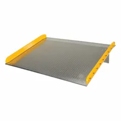 Aluminum dock board with steel curb, 60 in length and 60 in width. Bridges the gap between loading dock and truck bed for forklift and hand-truck loading of heavy loads.