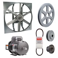 Unassembled belt-drive panel exhaust fan with drive package. Features a 36-inch blade, 3 hp motor, and 22,791 cfm airflow at 115/230V AC single-phase. Zinc-plated steel frame with cast construction. Totally enclosed fan-cooled motor with Class F insulation. No intake guards. Suitable for high-volume air movement in industrial and commercial facilities.