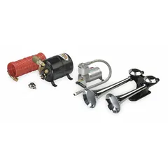 This air-powered horn kit produces a low tone and includes a 2.5 L steel air storage tank. It is designed for use on trucks and other heavy vehicles requiring an audible warning signal. The horn operates on 12V DC and has an unfinished black finish.