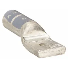 Aluminum one-hole compression lug for terminating 6 AWG solid or stranded wire to a #10 stud. Long barrel design accommodates permanent crimp connections in power distribution, control panels, and heavy equipment installations.