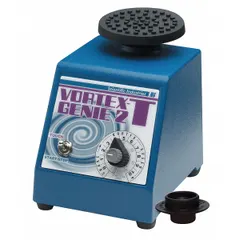Analog-controlled vortex mixer with a speed range of 600 to 3,200 RPM. Includes a Pop-Off Cup and supports both touch and continuous (hands-free) operation. Used for mixing small-volume liquid samples in laboratory settings.