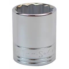 This 1/2" drive hand socket features a 27 mm metric size with a 12-point configuration for engaging hex fasteners. Made from chrome, it is suited for tightening or loosening bolts in automotive repair, machinery maintenance, and general assembly tasks.