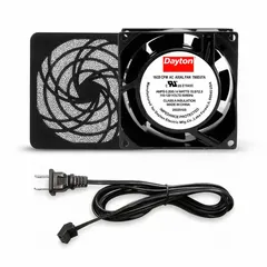 Standard square axial fan kit with polycarbonate blade, 3 1/8 in height and 1 in depth. Includes cord set with NEMA 1-15 plug. Features terminals and IP20 rating. Used for cooling and ventilation in electronic enclosures, control panels, and small equipment.